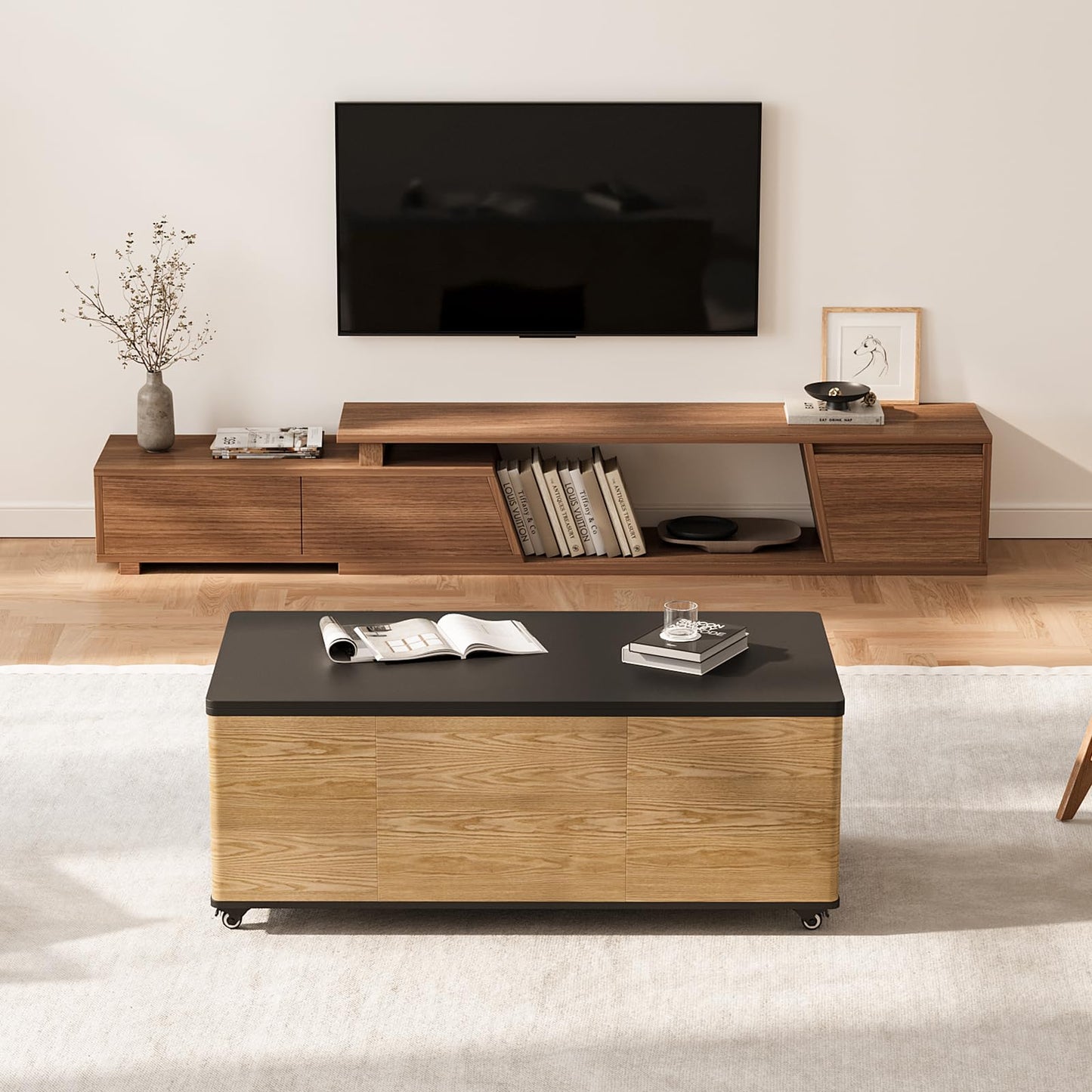 homary Modern 47" Lift-Top Coffee Table, Black & Walnut with 3 Drawers, 2 Open Storage Compartments, Hidden Cabinet, Convertible Dining Office Table for Living Room Small Spaces