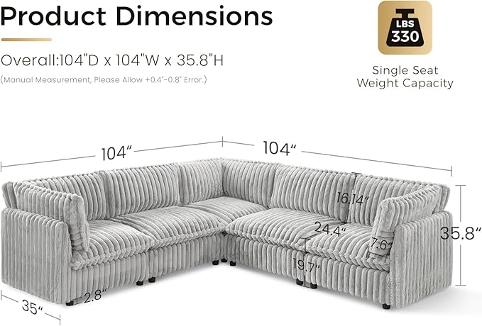 KKL Sectional Modular Couch for Living Room, V Shaped Corduroy Couches with Corner Seat, 5 Seater Oversized Sofa Convertible to Sleeper, Soft Fabric Modern Sofa, Grey