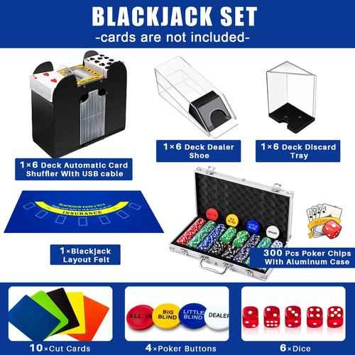 Aoriher Blackjack Casino Game Set, Include 300 Poker Chips, Casino Felt 1 Automatic Card Shuffler 6 Deck Dealer Shoe Discard Holder Tray Aluminum Case for Texas Holdem Blackjack Poker(Blue)
