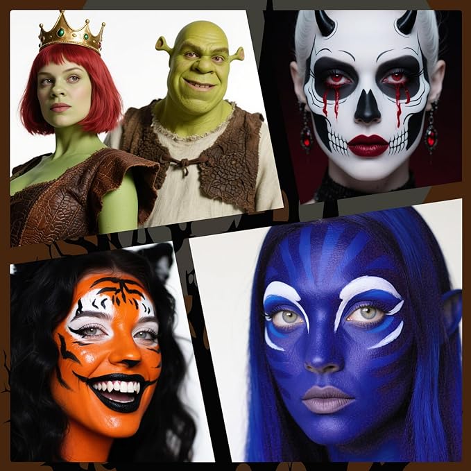 Black White Ogre Green Face Body Paint Stick Set with Translucent Setting Powder and Sponges, Professional Full Coverage Face Painting for Adults Halloween Cosplay SFX Skull Witch Hulk Makeup