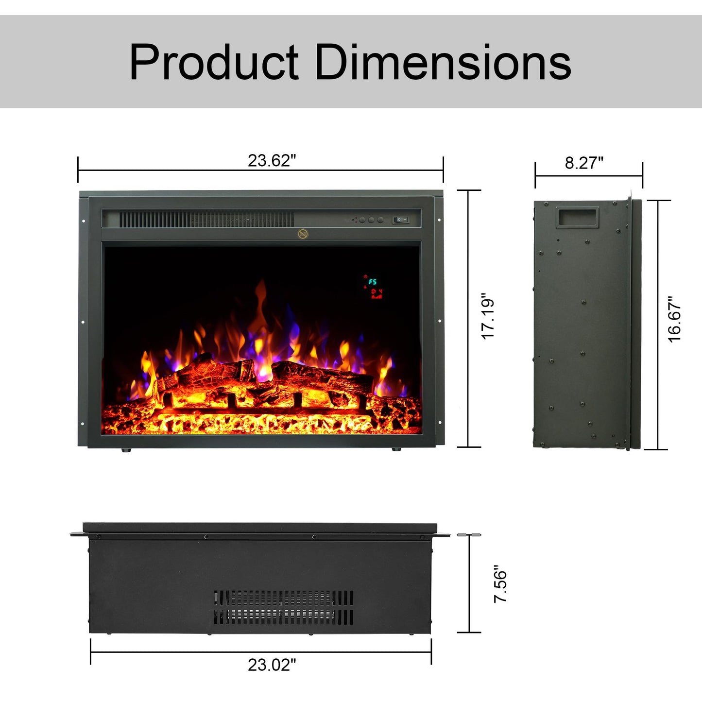 23" Electric Fireplaces Inserts, Recessed Fireplace Heater with Thermostat, 5 Flame&Fuel Bed Brightness,Timer