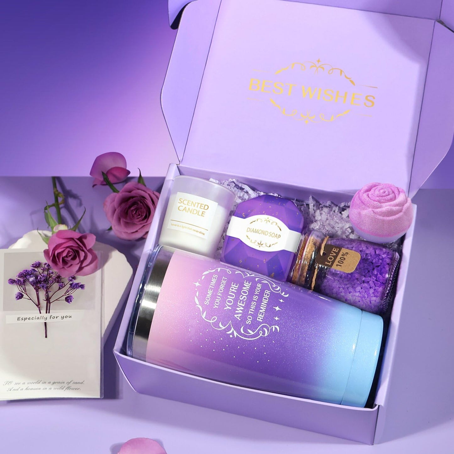 Allemu Birthday Gifts for Women, Thank You Gifts for Mom, Gifts for Wife, Girlfriend, Sister, Gift Set Idea for Her Christmas - Purple Gift Basket with 20 Oz Novelty Drinking Glasses
