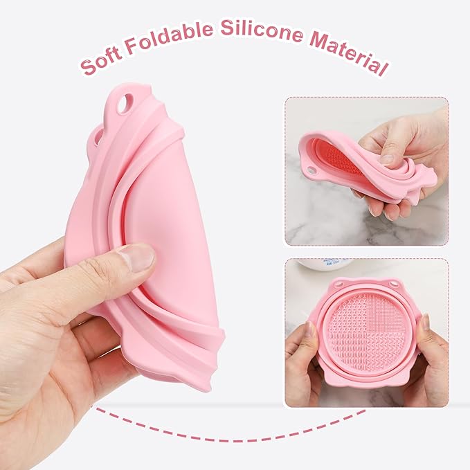 Makeup Brush Cleaner, Etercycle Foldable Silicone Brush Cleaner Bowl Srubber, Portable Washing Tools for Makeup Brush,Powder Puff,Sponge (Light Pink)