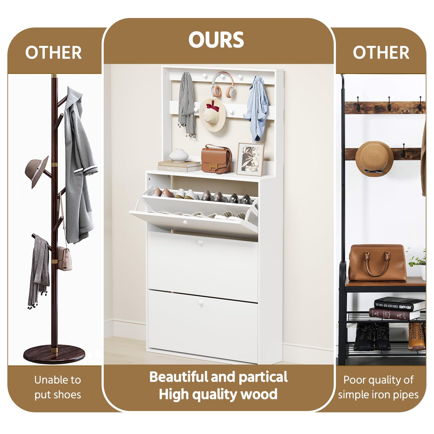 YMBSBUY Shoe Cabinet with 3 Flip Drawers, Narrow Shoe Cabinet with 9 Hooks Coat Rack, Freestanding Shoes Storage Cabinets with Adjustable Shelves for Entryway, Hallway, Living Room, White