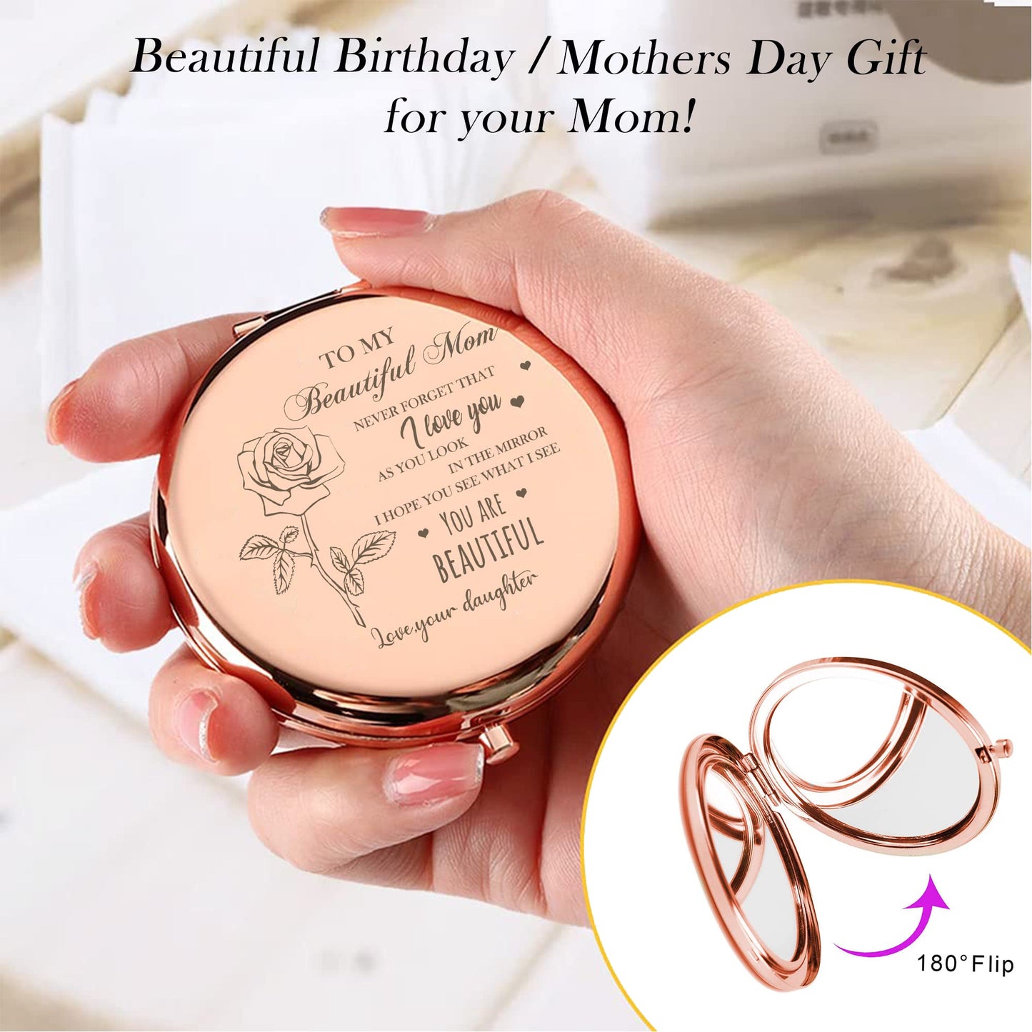 GAOLZIUY Compact Mirror Gifts for Mom from Daughter, Rose Gold Compact Mirror for Mother, Birthday Gifts for Moms Women from Dau
