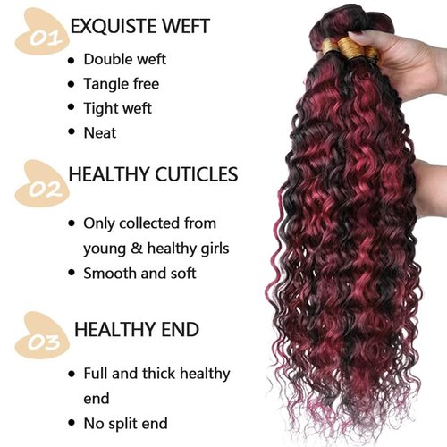 Fabimiya 16 18 20 inch Burgundy P1B/99J Deep Wave Human Hair Bundles Wine Red Human Hair Bundles Unprocessed Burgundy Soft Sewn In Hair with Double Weft for Black Women