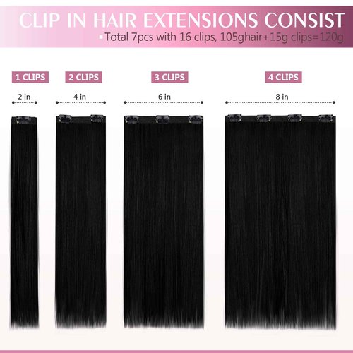 Fimislosion Real Hair Extensions Clip in Human Hair, Seamless Clip in Hair Extensions Real Human Hair, 18 Inch Clip ins extensions for women, Natural Black 120G 7Pcs