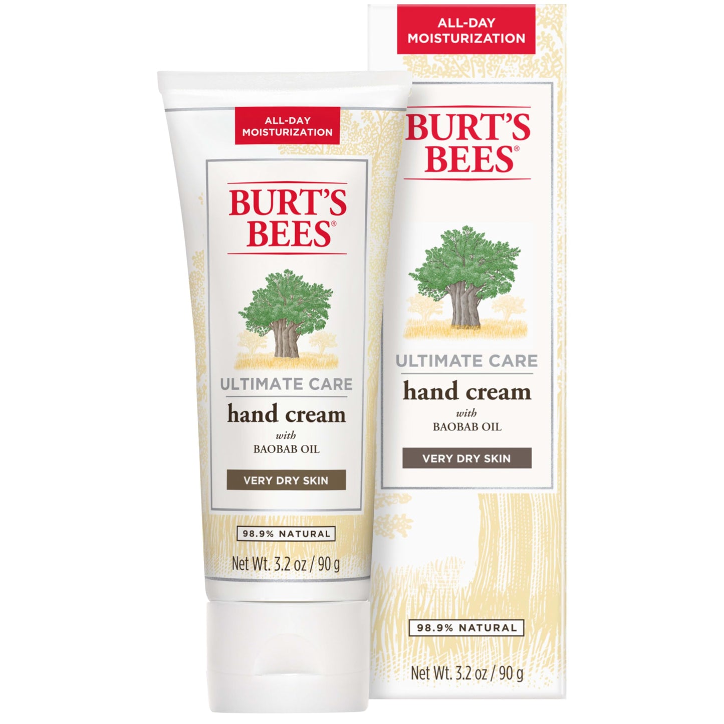 Burt's Bees Hand Cream for Dry Skin, Moisturizing Natural Lotion, Unscented, Ultimate Care with Baboab Oil, 3.2 Ounce (Packaging