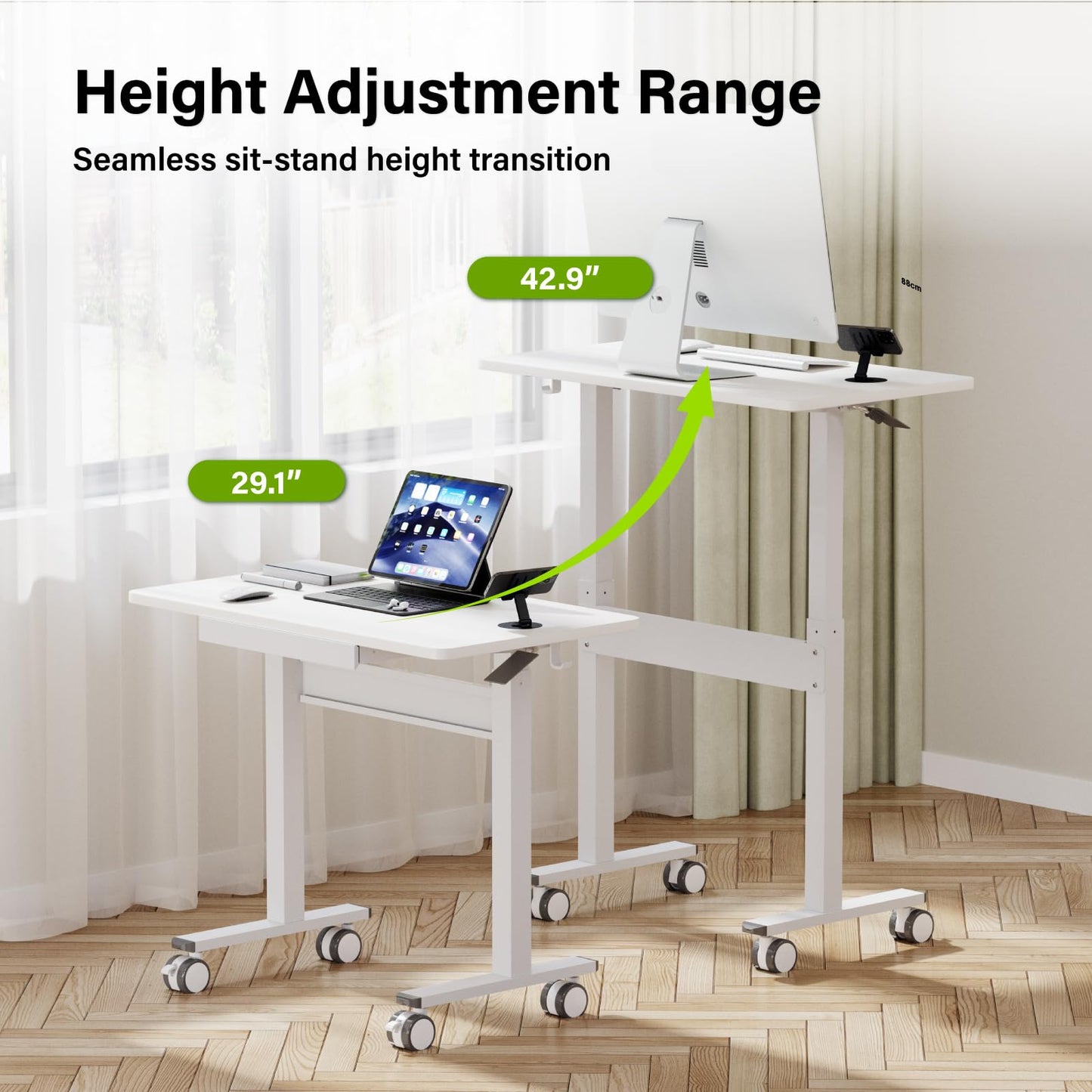DAWNYIELD Standing Desk for Walking Pad with Wheels, Pneumatic Cordless Height Adjustable Rolling Desk, Mobile Computer Workstation with Drawer Hook Locking Casters for Treadmill & Home Office, White