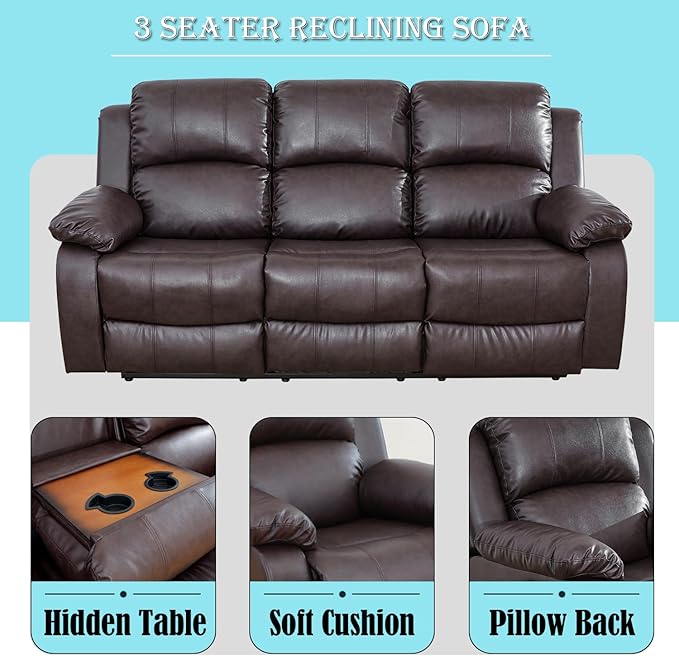 Caberryne Leather Recliner Sofa，Reclining Sofa for Living Room Furniture Sets，Light Brown Wall Hugger Recliner Couch with Cupholder for Living Room/Office/Theater Seating(3 Seater Sofa)