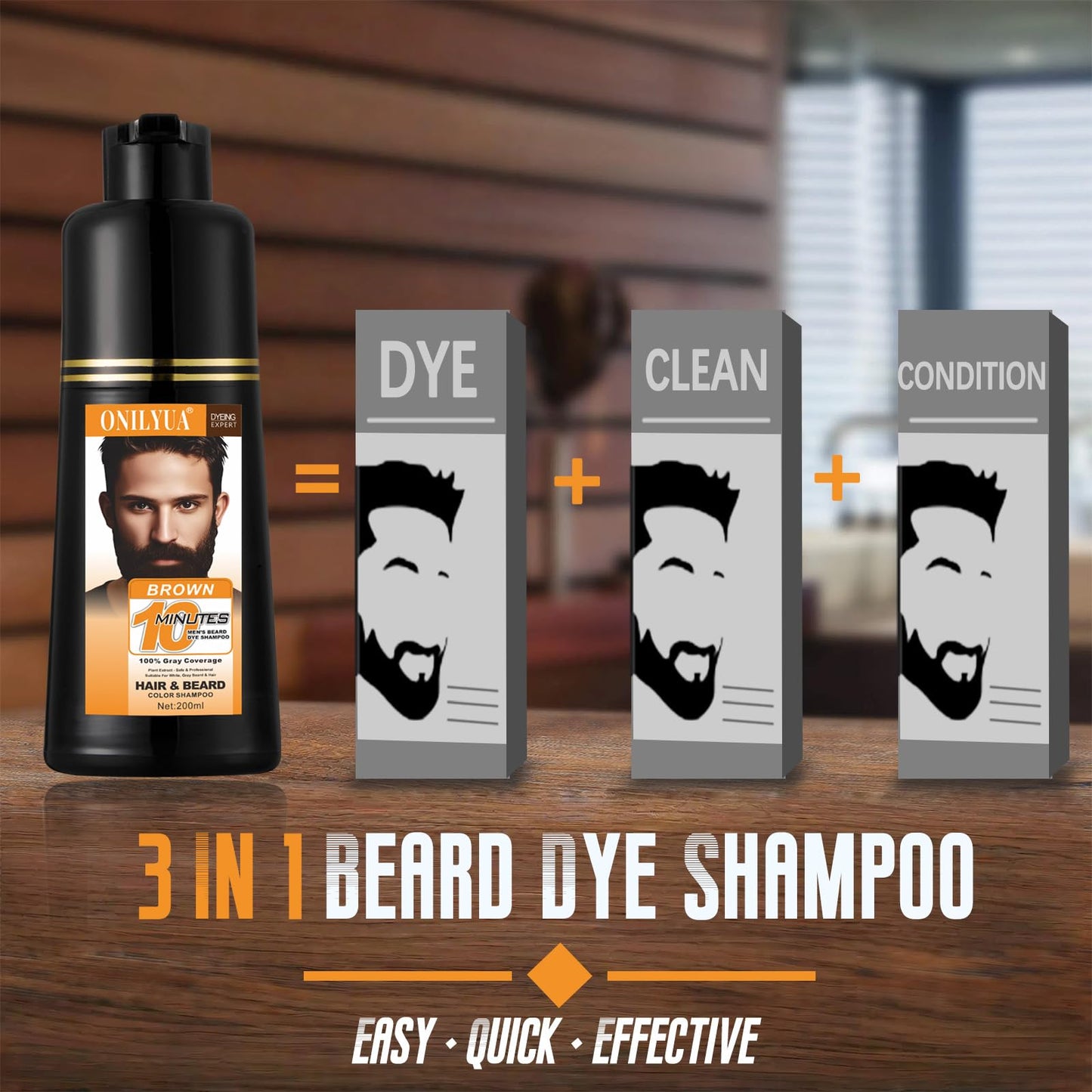 Mens Beard & Mustache Dye Shampoo, Instant 100% Grey Hair Coverage, 3 in 1 Brown Beard Color Shampoo for Men Facial Hair, Easy t