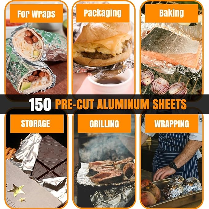 Insulation Sandwich Wrapping Paper Aluminum Foil Sheets - [150 sheets] - 10 3/4" x14" - Aluminum Foil Sandwich Wrap Sheets For Sandwich Wraps, Burritos and BBQ