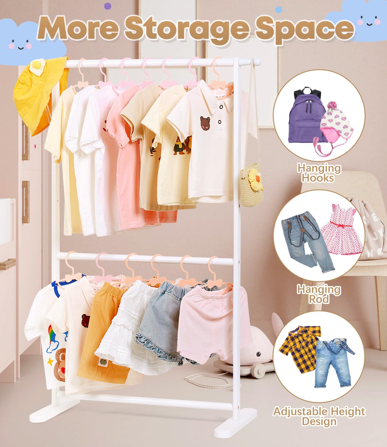 Relquorax Bamboo Kids Clothing Rack with Dual Poles, Child Dress Up Rack, Clothing OrganizerRack, Small GarmentRack, Perfect for Costumes and Accessories (White)