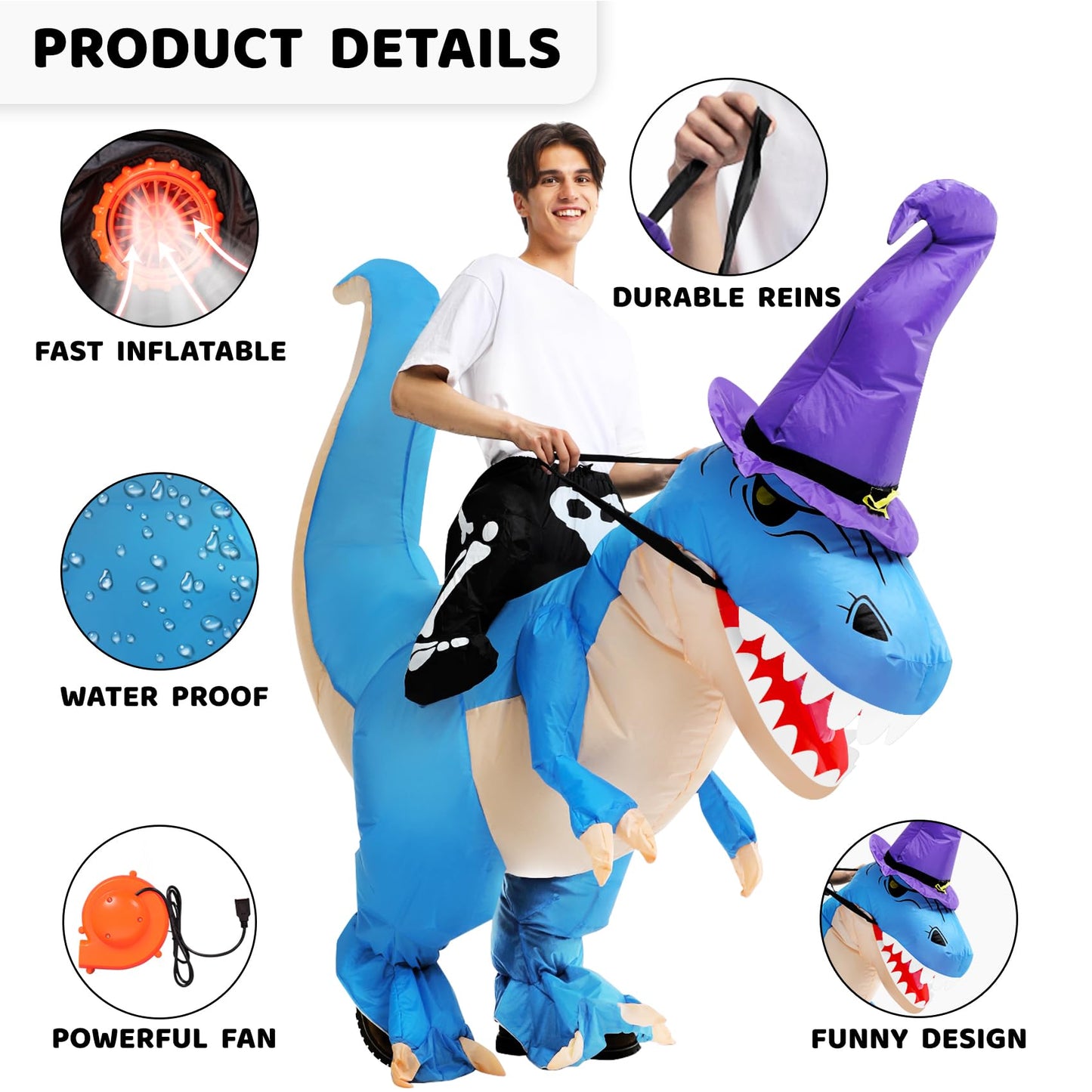 Max Fun Dinosaur Costume Adult - Inflatable Dinosaur Halloween Costume for Man Women | Fun Blow Up Dino Suit for Halloween Party Cosplay