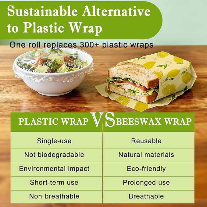 Reusable Beeswax Wraps For Foods, Cheese, Sandwich & Bread- 13 x 39'' Cut to Size - Eco-Friendly Food Storage Alternative to Plastic Wrap & Cheese Paper (Lemon Pattern002, 13x39'')