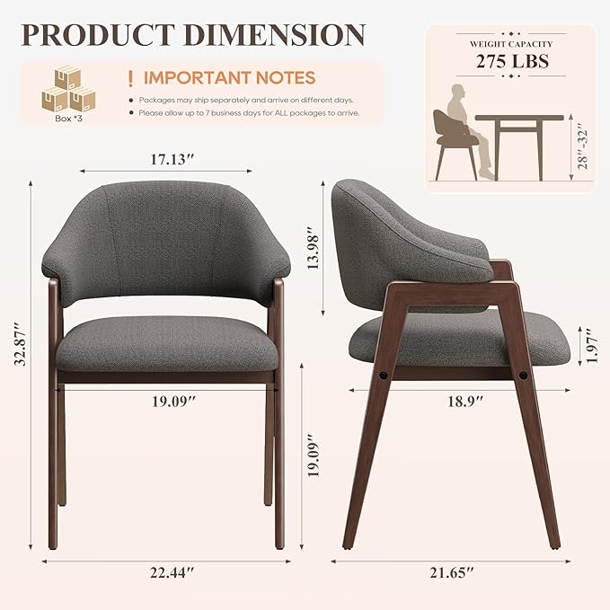MALOL Wooden Dining Chairs Set of 6, Modern Fabric Upholstered Dining Room Chair, Kitchen Side Chairs, Farmhouse Dinner Chair with Curved Open Back for Kitchen, Grey
