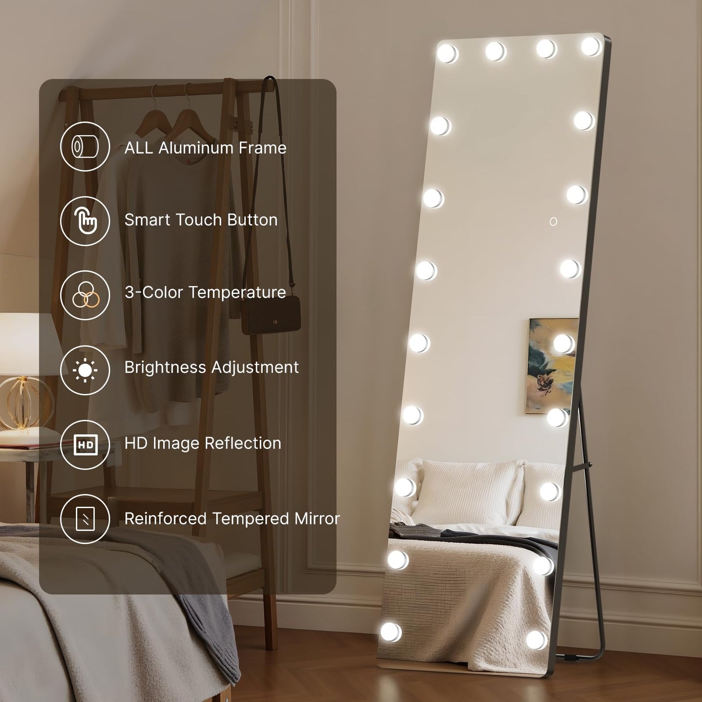Kosmonia 62x20 Hollywood Full Length Mirror with Light, 20 Dimmable Bulbs & 3 Color Smart Touch Control, Distortion Free, Tempered Glass, Safe Full Body Mirrors with Stand