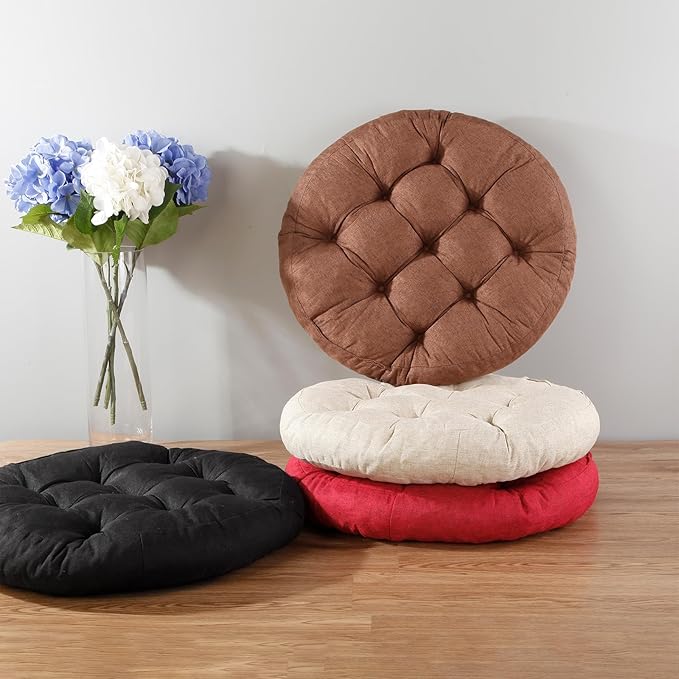Meditation Floor Pillow, Round Floor Cushions for Adults, Button Tufted Seat Cushions for Yoga Tatami Living Room, Black, 22 x 22 x 4 in