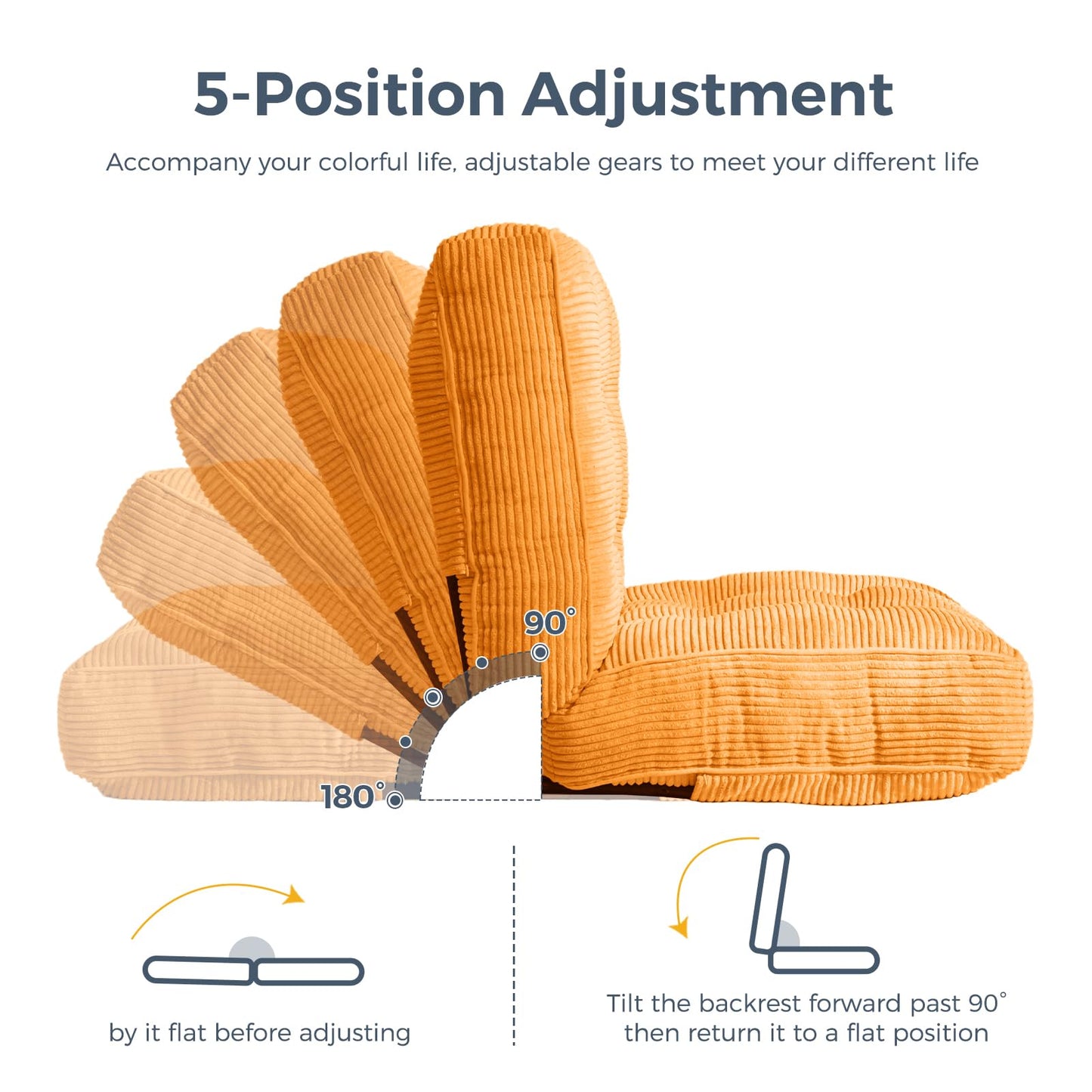 MAXYOYO Adjustable Floor Chair with Back Support, Gaming Floor Meditation Chair with Tufted Cushion, Adults Lounge Couch Folding Sofa Seat for Reading Meditating Sleeping, Orange