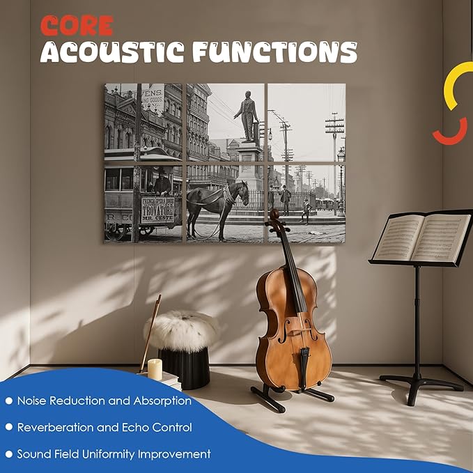 EVENRISING Acoustic Wall Panel 6 Pack, 23.6"x23.6"Decorative Art Soundproof Panel, Sound Absorb Self-Adhesive Panel, Acoustic Treatment for Studio, Home Theater, Office (Horsecar Opera 1890)