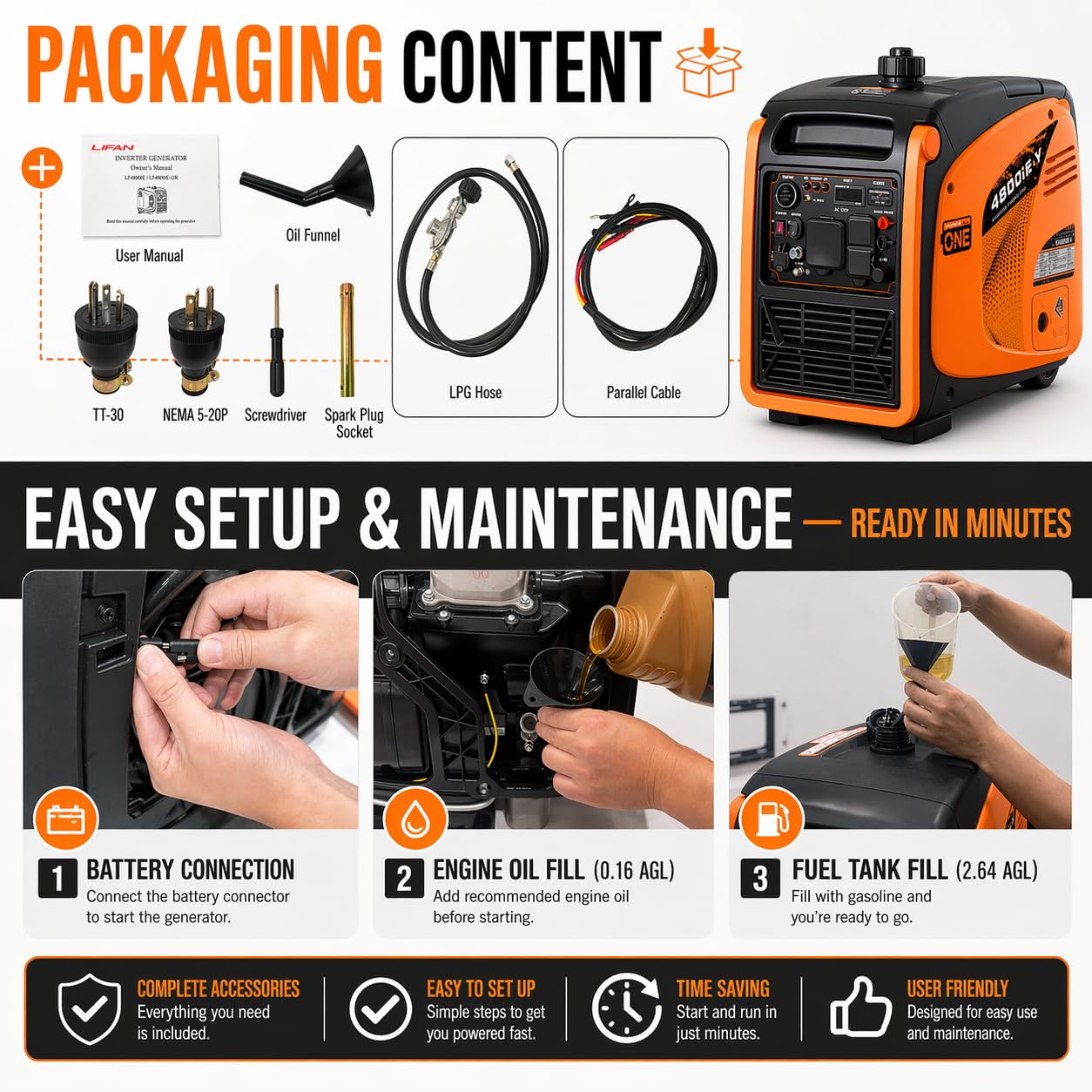 LIFAN 4800W Dual Fuel Portable Inverter Generator - Quiet 64dB, Remote Key Fob Start, Propane & Gas, 30A TT-30R RV Ready, CO-MINDER, Pure Sine Wave, Parallel Ready, EPA, Home Backup Camping