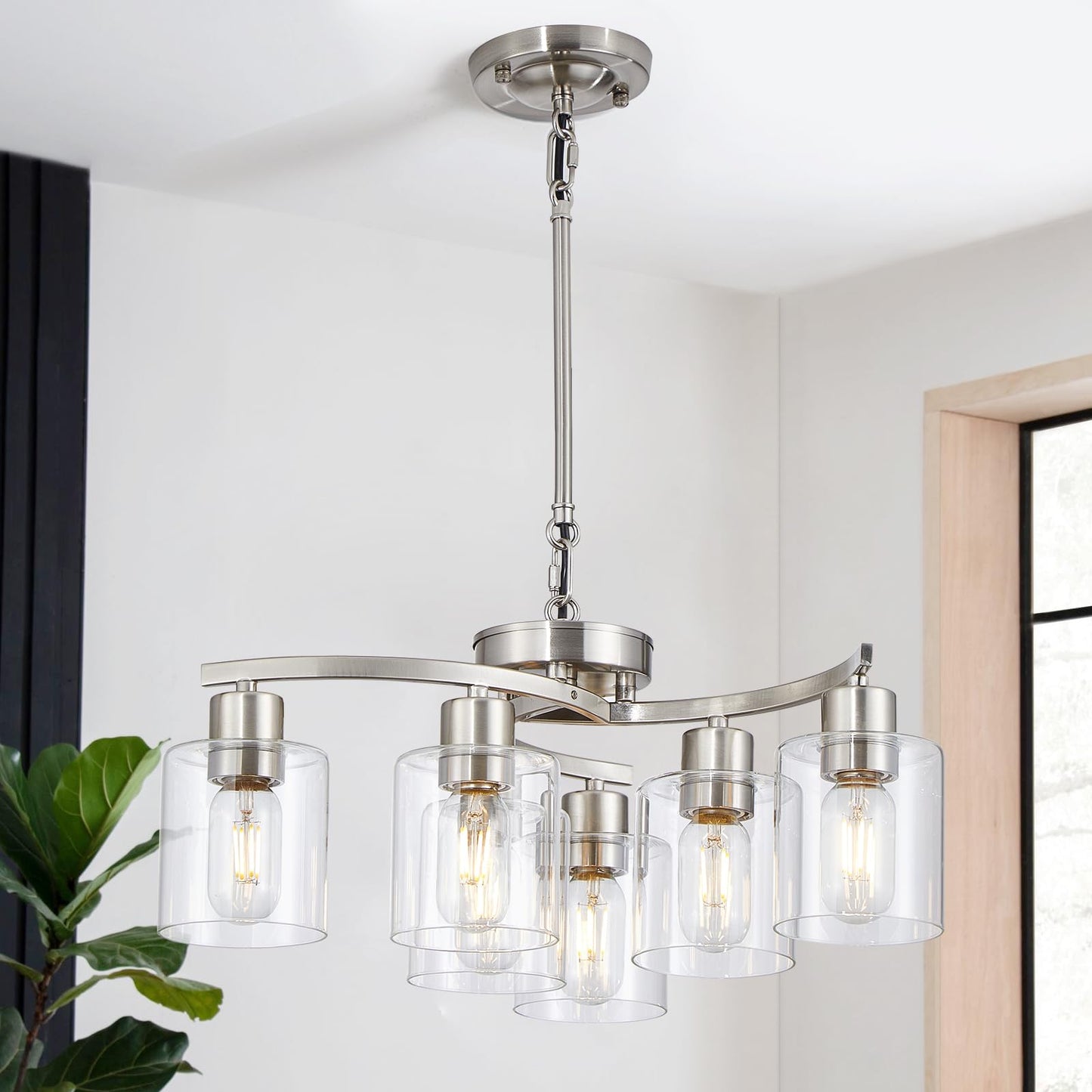 Eatich Modern Chandelier, Brushed Nickel Chandeliers for Dining Room, Adjustable Height 6 Light Dining Room Light Fixture, Hanging Light Fixtures Ceiling for Living Room Bedroom Kitchen Island