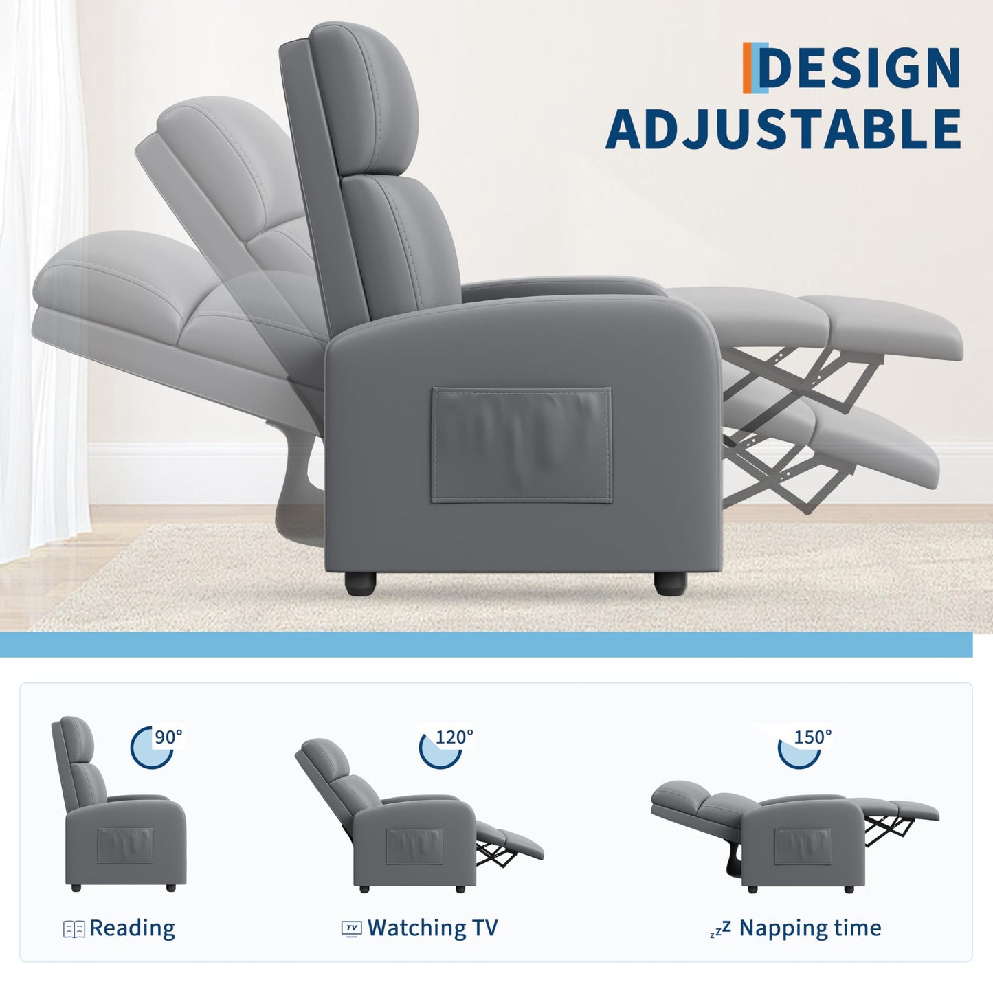 Recliner Chair for Adults, Adjustable Single Sofa with Side Pocket Tall Back Wide Arms Padded Seat, Home Theater Seating for Living Room,Gray