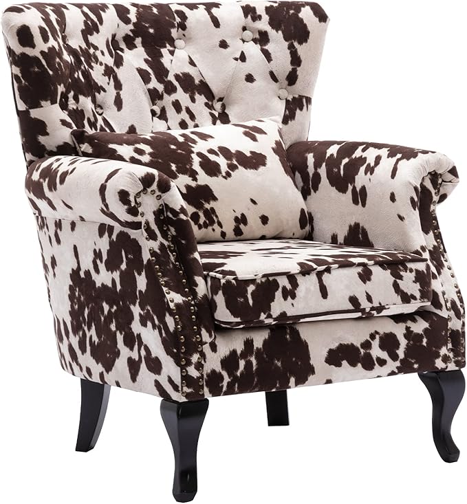 DM Furniture Set of 2 Mid-Century Modern Accent Chair, Velvet Armchair w/Tufted Back/Wood Legs, Upholstered Lounge Arm Chair Single Sofa for Living Room Bedroom, Cow Print