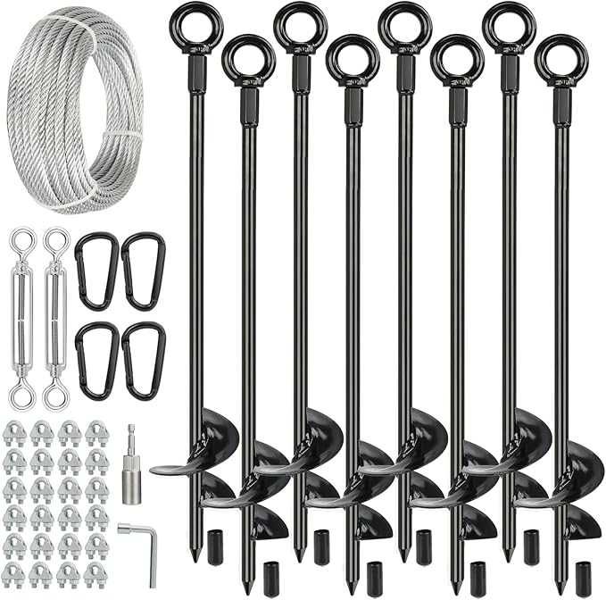 hannger 8 Pcs 30" Long Ground Anchors Shed Anchors Kit with 3/16" Galvanized Cable & Turnbuckles & Carabiners, Heavy Duty Earth Anchors for Sheds Trees Trampoline Greenhouse Swing Set Tent.