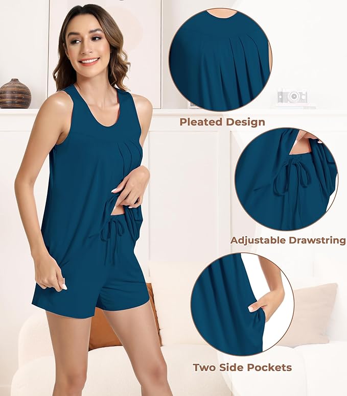 NACHILA Pajamas for Women-Viscose from Bamboo, Ribbed Racerback Tank Top Sexy Split Shorts Pajama Sets Cooling Sleep Cami Pjs