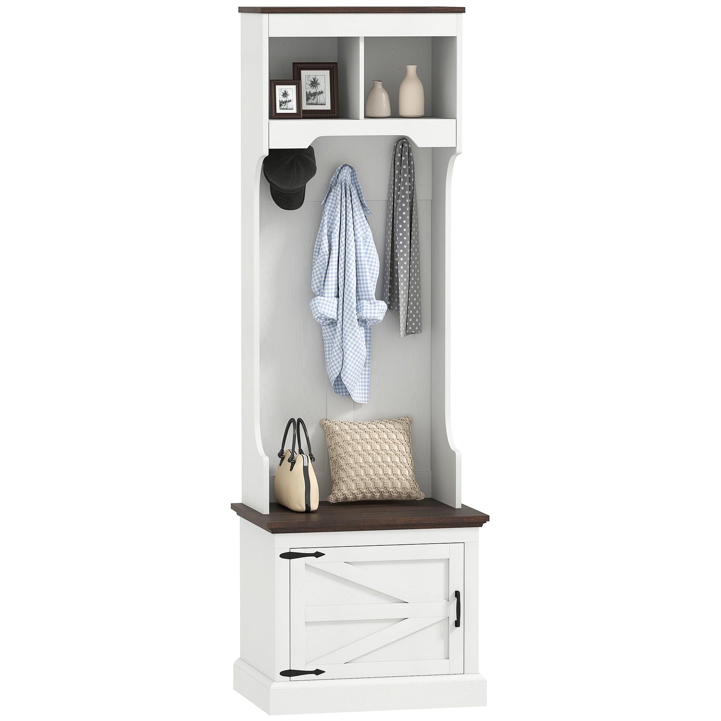 HOMCOM 3-in-1 Hall Tree with Shoe Storage, Standing Coat Rack with Shoe Bench, Entryway Furniture with Three Hooks, White Wood Grain