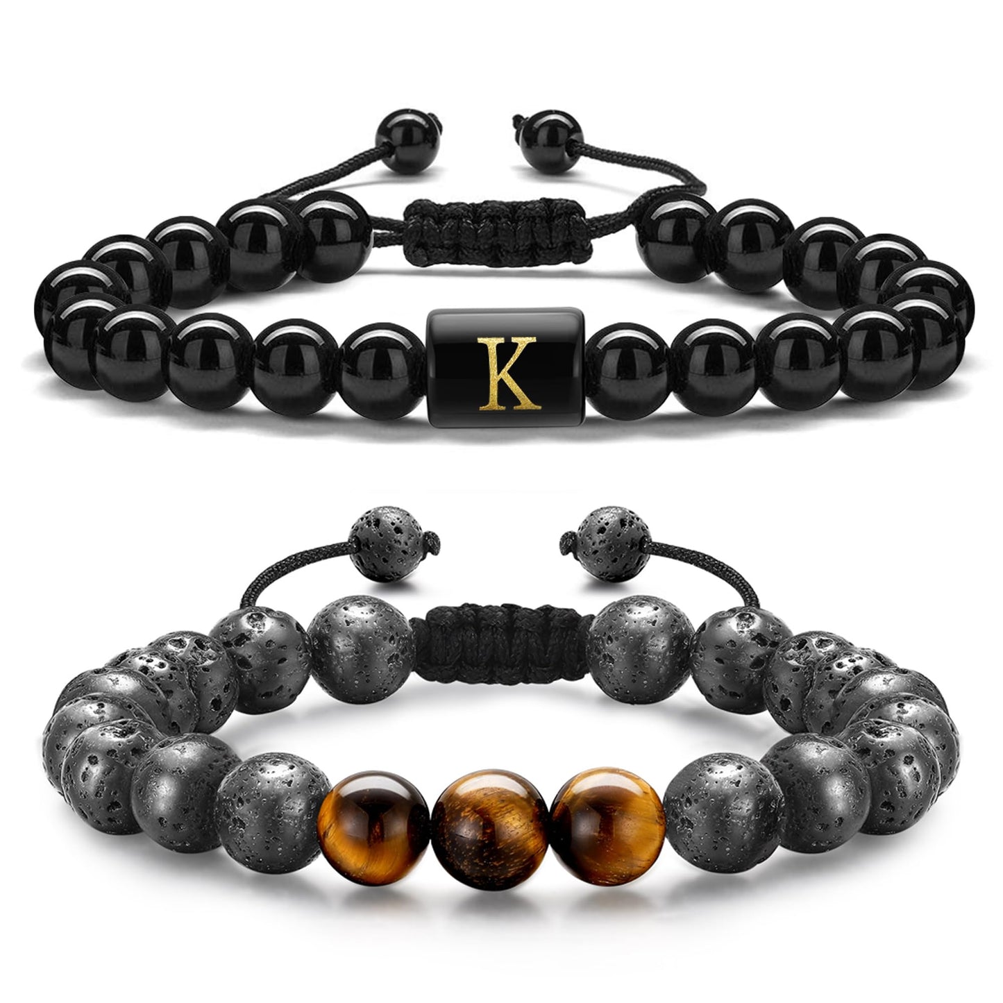 STORUP Bracelets Gifts for Men - Initial Bracelets for Men 8mm Tiger Eye Lava Rock Stone Obsidian Bracelet Handmade Initial K Me