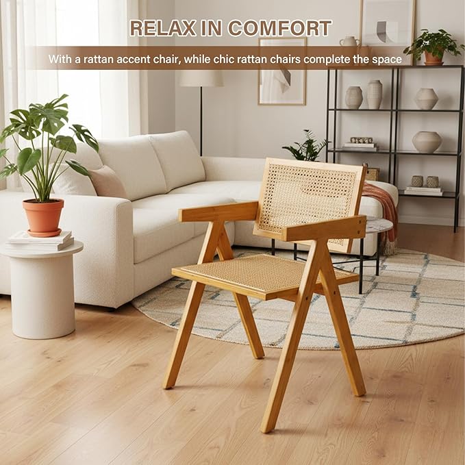 Furlide Rattan Dining Chairs Set of 4, Modern Mid Century Accent Chairs, Comfy Armchairs, Outdoor Rattan Chairs with Armrest for Bedroom Living Room Reading Room Dining Kitchen