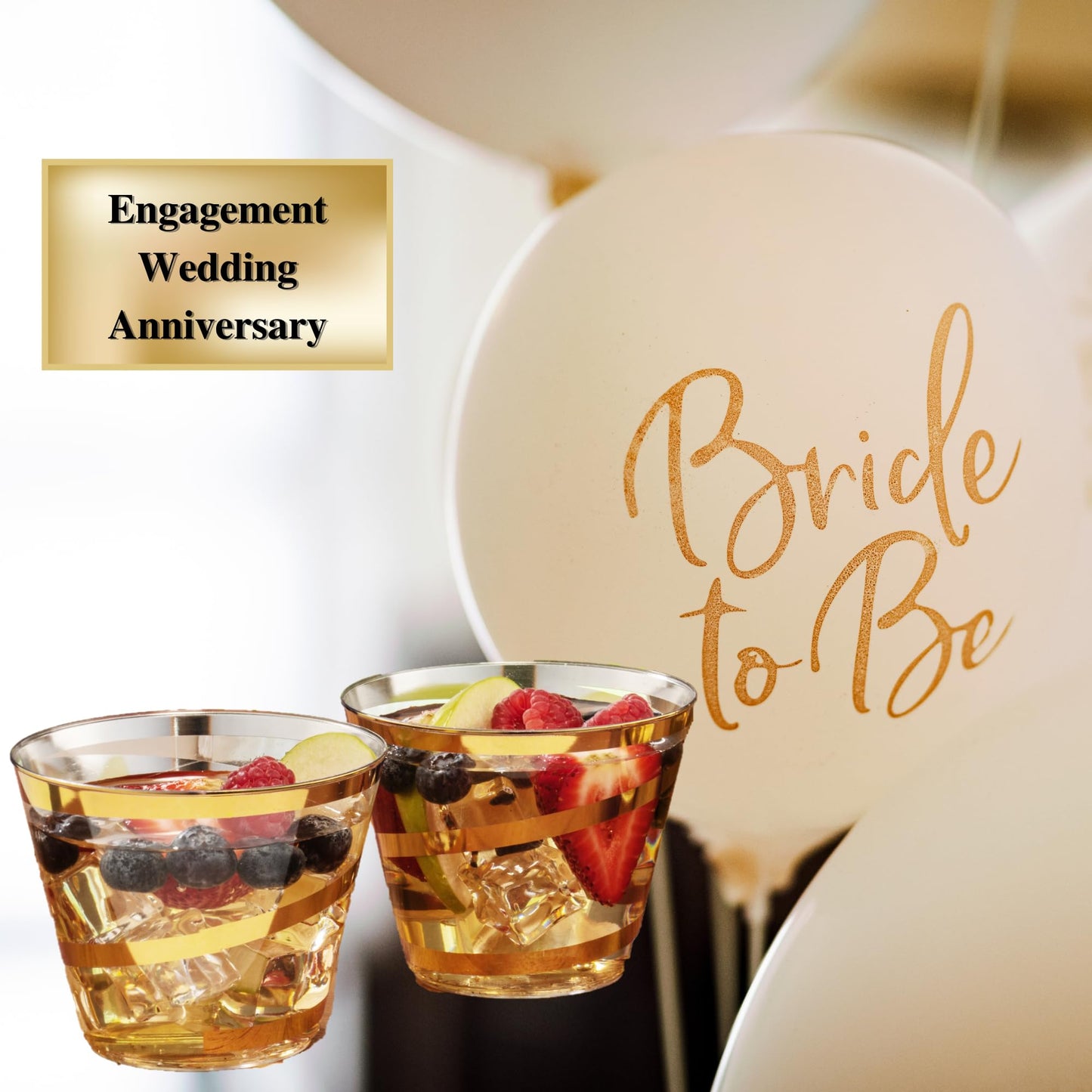 Perfect Settings 110 Gold Swirl Clear Plastic Cups 9 Ounce - Holiday Wedding Party Elegant Trimmed Disposable Cups - Fancy Wedding Cups