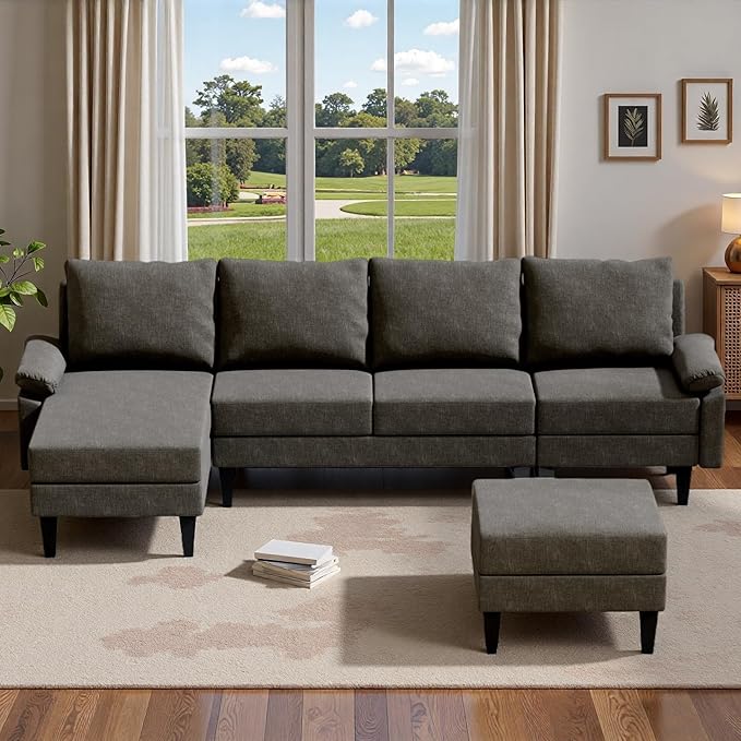 Topcomfy U-Shaped Sectional Couches for Living Room, Convertible 4 Seat Modular Sectional Sofa Set with Ottoman, Modern L Shaped Couch with Chaise for Bedroom Apartment and Office, Chenille Brown