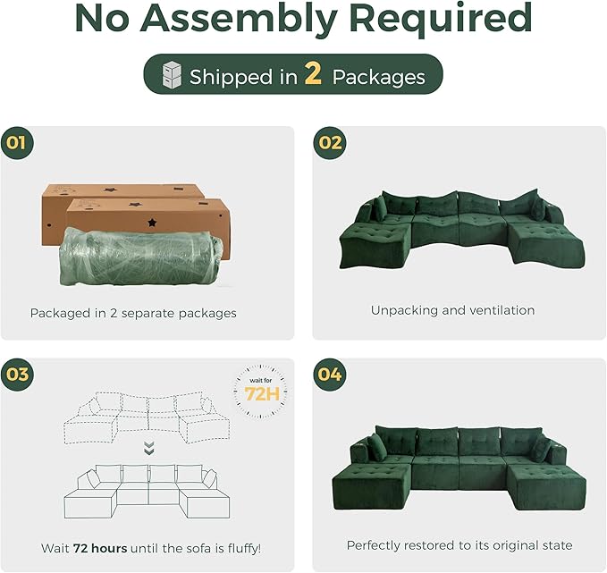 MAXYOYO 129.5" Modular Sectional Sofa Couch, U Shaped Modern Cloud Couch, Sofa in A Box, Tufted 6-Seat Boneless Sleeper Lounger for Living Room, No Assembly Required, Green