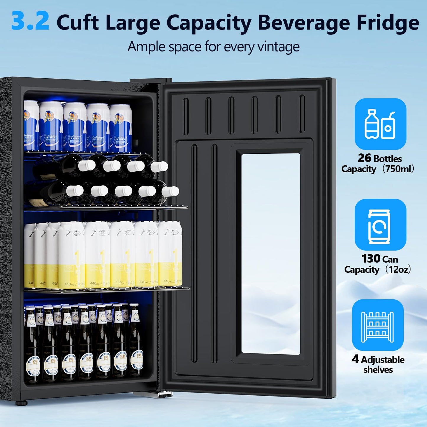 COWSAR 3.2 Cu.Ft Beverage Refrigerator, Electronic Control & LCD Display, 20-50℉ Temperature Range – Mini Fridge for Soda, Wine or Beer