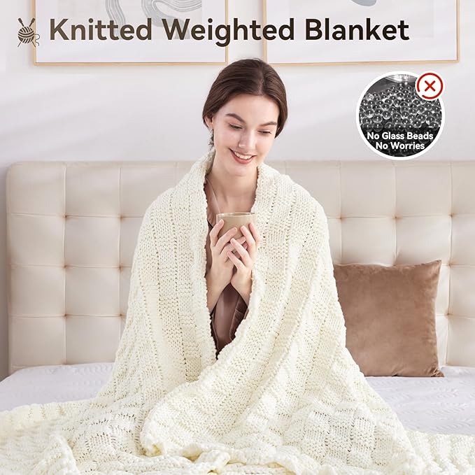 Knitted Weighted Blanket for Adult, No Beads Heavy Blanket 48” x 72'' 10lbs, Breathable Chunky Knit Blanket, Cooling Weighted Blanket for Hot Sleepers, Christmas Home Decor (Ivory White)
