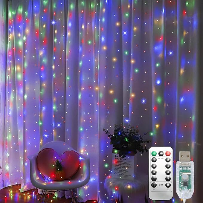 300 LED Curtain String Lights, Fairy Lights with 8 Light Modes, 9.8x9.8Ft Remote USB Plug Fairy String Lights for Christma...
