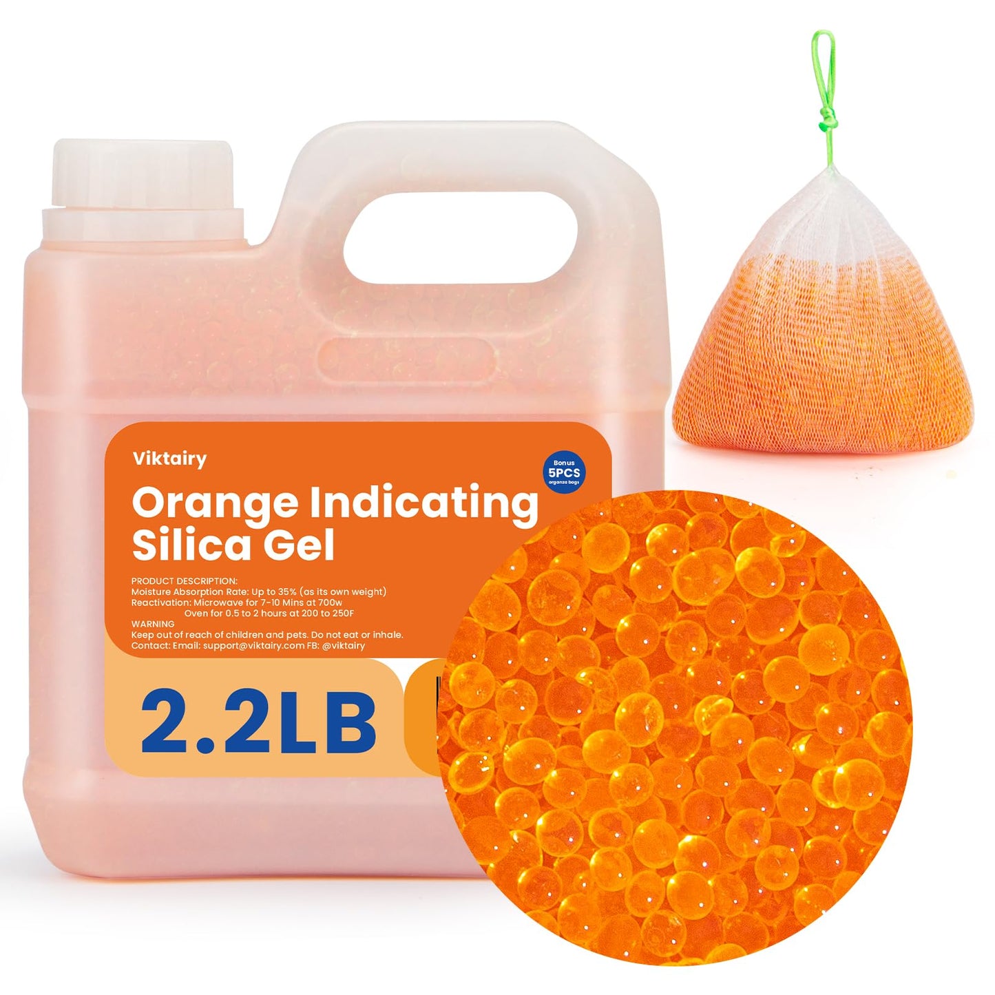 2.2LBS Desiccant Beads, Premium Orange Indicating Reusable Silica Gel Beads Bulk, Industry Standard 3-5 mm Desiccant Dehumidifier for 3D Filament, Electronic Devices, Camera, Safe (5PCS Bags)