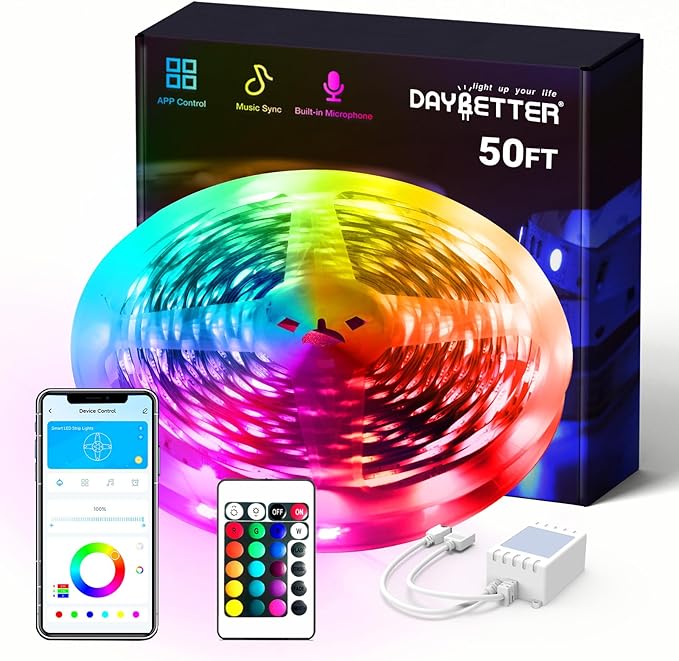DAYBETTER Smart RGB Led Strip Lights, 50ft Led Lights for Bedroom with App Control, Multicolor Changing Led Light Strips A...