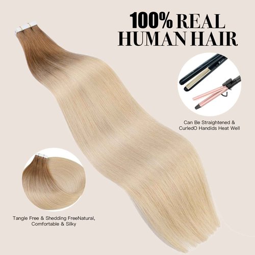 Tape in Hair Extensions ，Real Human Hair Extension,Bleach and Caramel Blonde Human Hair 22 inch 20pcs 50g,Thick Ends Straight Seamless, Invisible Tape in Hair Extensions Human Hair