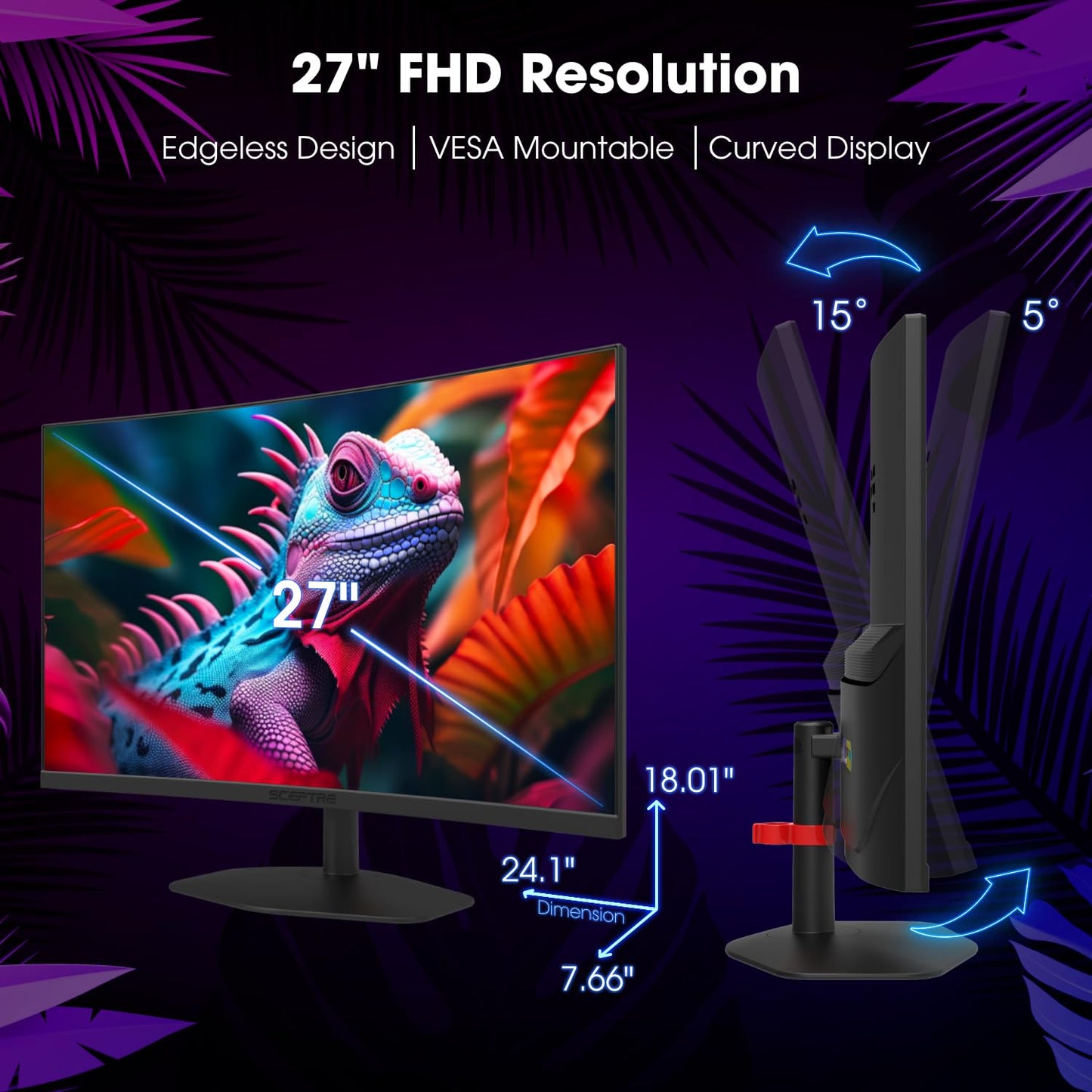 Sceptre Curved 27-inch Prime Gaming Monitor 1500R 100Hz HDMI X2 DisplayPort 1ms 100% sRGB, Build-in Speakers Machine Black 2025 (C275W-FW100T Series)
