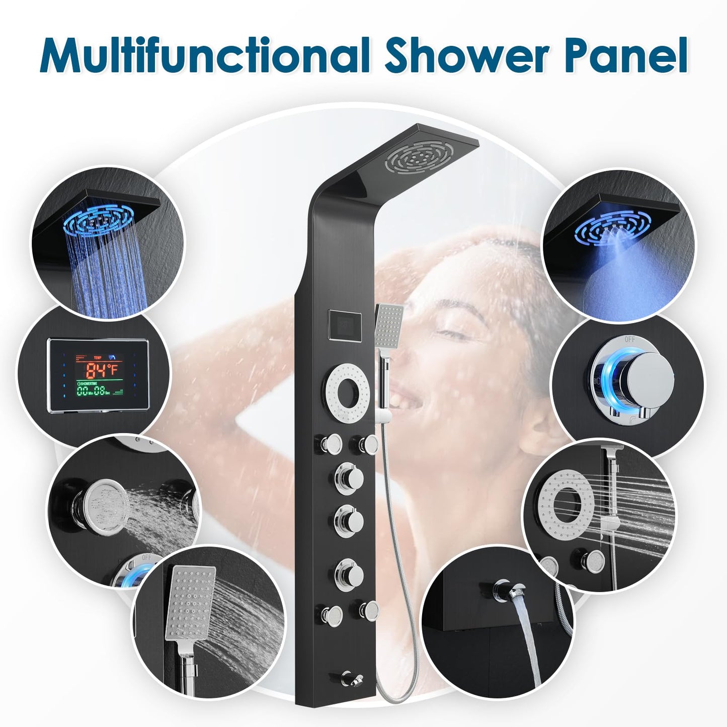 ROVOGO Shower Panel Tower System with Rainfall Mist Shower Head, Body Jets, Handheld and Tub Spout, Led Lights and Temp Display No Battery Needed, Unibody Shower Column 304 Stainless Steel Black