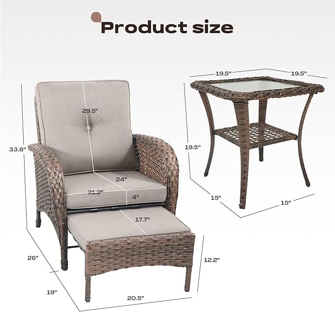 Rilyson Wicker Patio Furniture Set - 5 Piece Balcony Furniture Set with Hidden Ottomans, Rattan Outdoor Patio Chairs with Side Table for Porch Deck Poolside Garden Brown/Beige