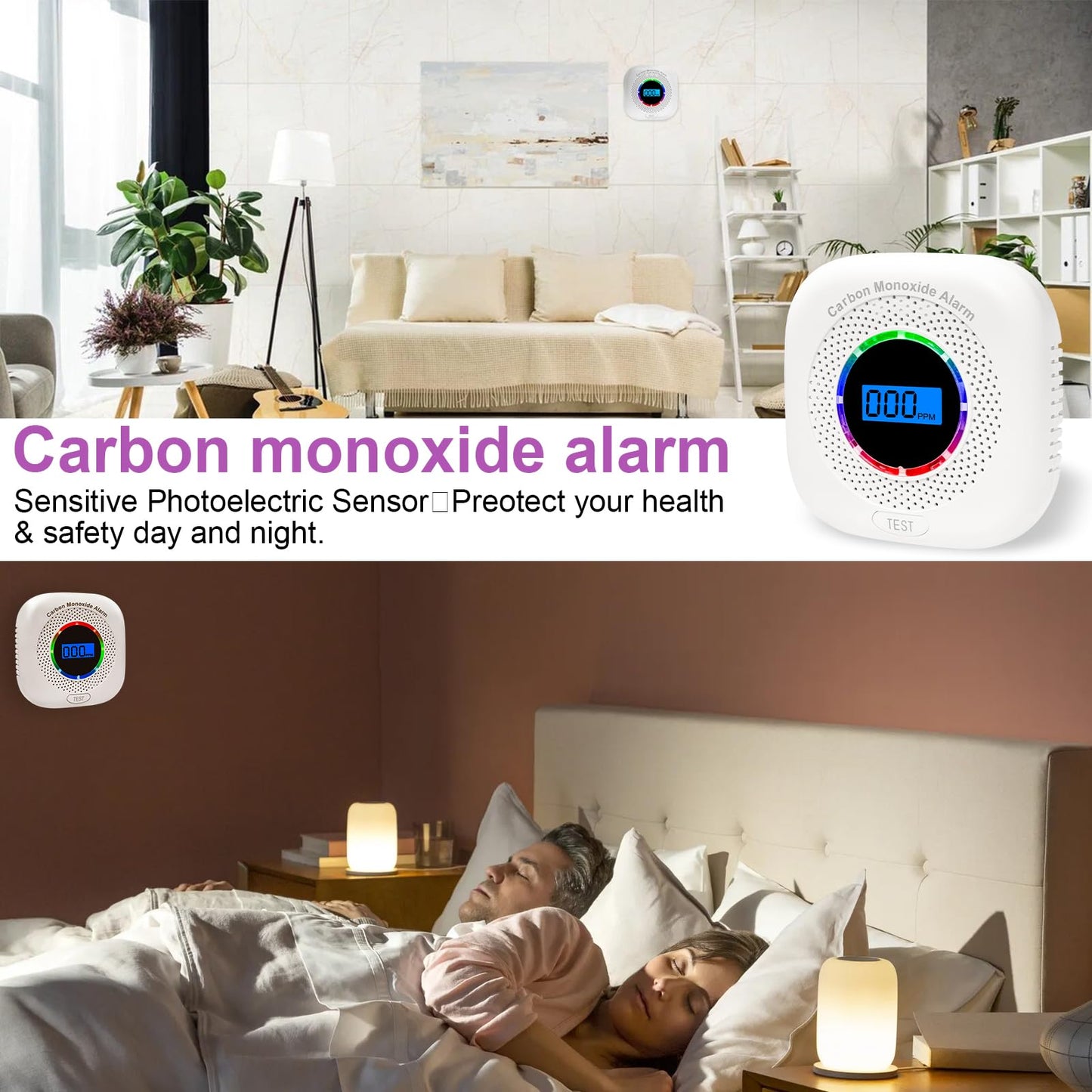 2 Pack Carbon Monoxide Detectors,Portable Carbon Monoxide Alarms for Travel,Replaceable Battery Powered CO Alarm/Monitor for Home with Digital LCD Display