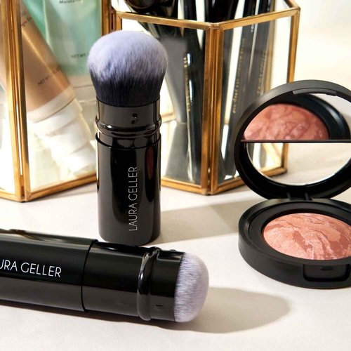 LAURA GELLER NEW YORK Baked Balance-n-Brighten Powder Foundation - Deep + Spackle Super-Size Skin Perfecting Makeup Primer - Ethereal Rose Glow + Retractable Airbrush Kabuki Brush