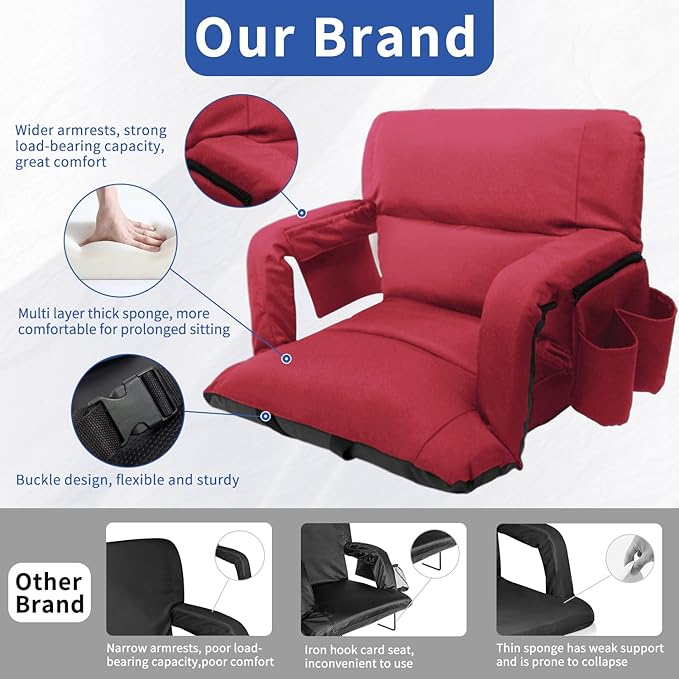 Stadium Seats with Back Support ,Wide Stadium Chairs with Back and Cushion, Sofa Style Stadium Seats, 6 Reclining Positions, Extra Thick Bleacher Seat for Sports Events (Red-1 Pack, Wide|22.5")