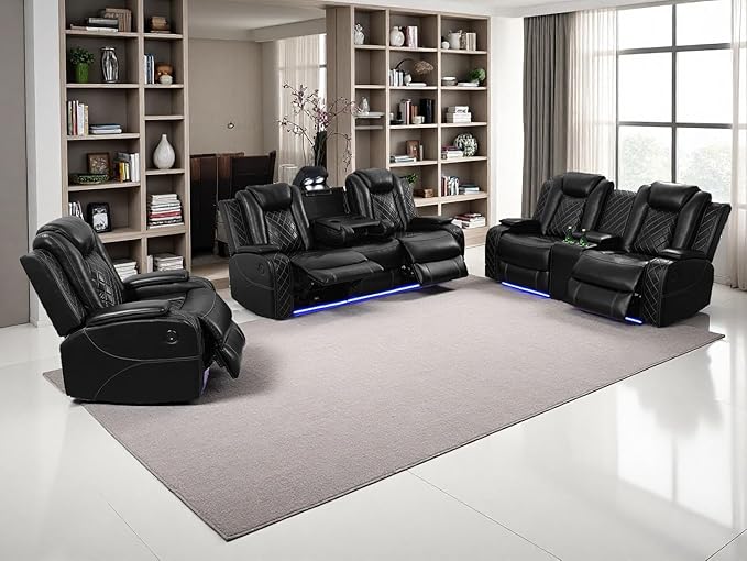 Dekmxas Modern Living Room Furniture Sets, Power Reclining Sofa Set, 3-Pieces Breathing Leather Black Power Recliner Sofa Couches Set with Storage Console/Cup Holder/LED Light for Office/Living Room