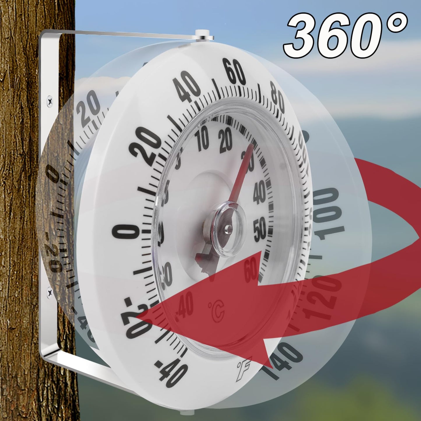 CloudHand Outdoor Wall Thermometer for Patio & Garden, 3.66" Easy-Read Dial, -40–60°C / -40–140°F Dual Scale, Weather-Resistant Housing, 360° Adjustable Bracket, Battery-Free Temperature Gauge